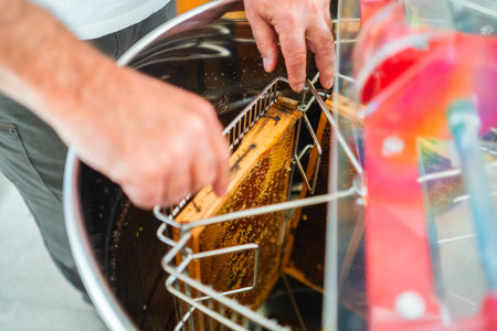 Beekeeper Placing a Beehive Frame into the Centrifugal Honey Extractor to Harvest Bee Honeyの写真素材