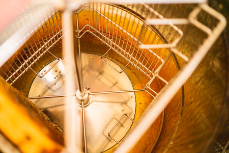 Inside of a Centrifugal Honey Extractor Filled with Extracted Honey on the Bottomの写真素材