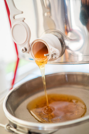 Pure Honey Flowing out of the Honey Extractor Barrel to be FIltered with a Sieveの写真素材