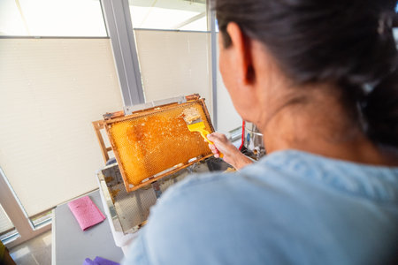 Woman Beekeeper Scratching Off the Beehive Caps to Open the Honeycombs