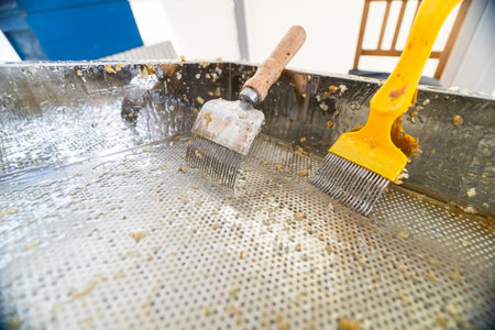 Two Capping Scratchers for Beekeeping Bee Honey in a Gooey Decapping Tray After Usageの写真素材