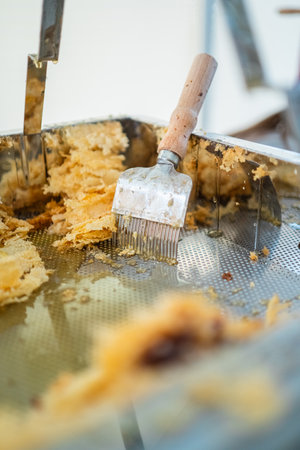 Capping Scratcher in a Metal Tray with Beewax and Honey During Bee Honey Harvestingの写真素材