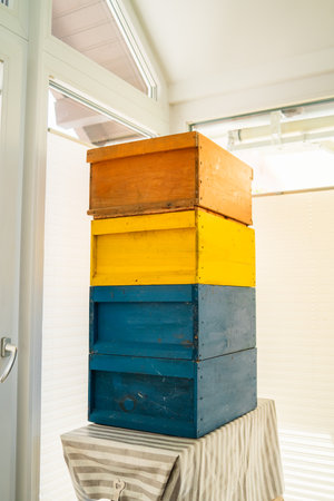 Wooden Beehive Boxes Stacked Onto Each Otherの写真素材