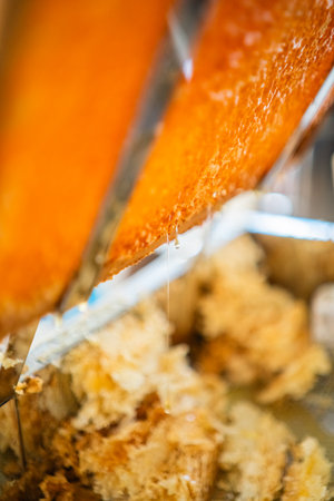 Sweet Bee Honey Dripping Down Honeycomb Cells from a Beehive Into a Tray with Beewax Close Upの写真素材