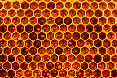 Front View of Dark Honeycombs Filled with Bee Honey Extreme Close Upの写真素材