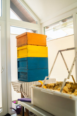 Stack of Wooden Beehive Boxes Ready for Bee Honey Harvestの写真素材