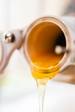 Freshly Extracted Sweet Bee Honey Flowing Out Extreme Close Upの写真素材