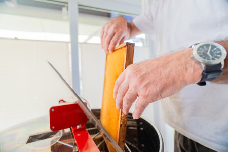 Beekeeper Putting the Wooden Frame of a Beehive Into the Centrifugal Honey Extractor for Honey Harvestingの写真素材