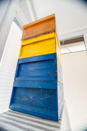 Wooden Beehive Boxes Stacked Onto Each Other Bottom Up Viewの写真素材