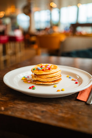 Pancakes with Colorful Candy Topping and Glossy Honey on Topの写真素材