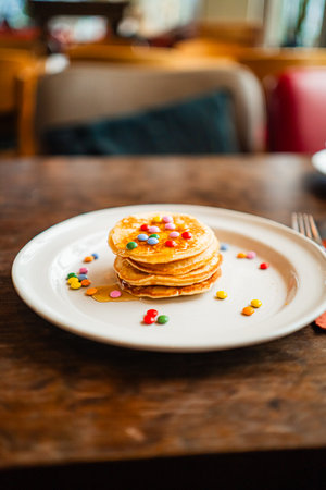 Breakfast Plate with Small Stack of Glossy Pancakes Topped with Chocolate Lentilse and Bee Honeyの写真素材