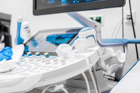 Differently Shaped Transducers for Ultrasonography at an Ultrasound Machine Control Panelの写真素材
