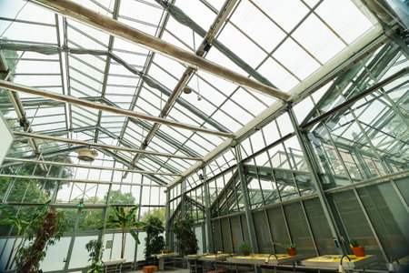 Greenhouse from the Inside of the Glass Construction Bottom Up View to the Roofの写真素材
