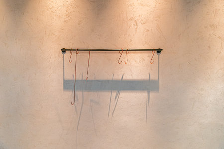 Modern Coat Hanger on a Concrete Wall With Rail and Hooks for Clothesの写真素材