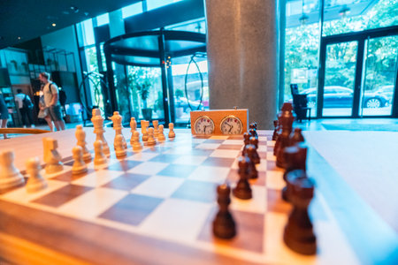 Chess Game Opening on a Wooden Chess Board with Black and White Piecesの写真素材
