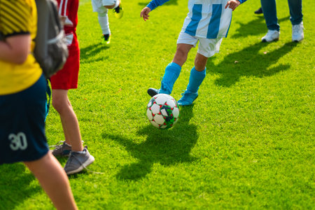 Football Player Kicking the Soccer Ball Along the Green Football Fieldの写真素材