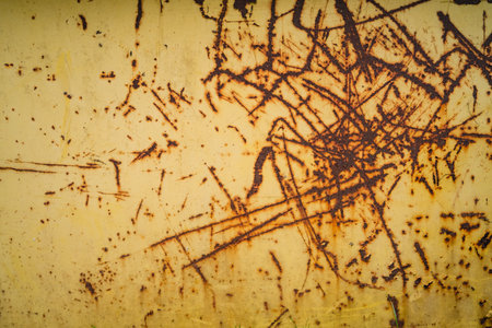 Yellow Painted Metal Surface With Weathered Rust Scratches From Usage and Deteriorationの写真素材