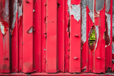 Weathered Red Metal Container Wall with Destroyed Flakes of Paintの写真素材