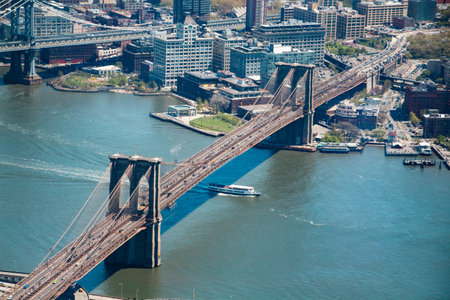 Aerial Top View of Brooklyn Bridge above the Hudson Riverの写真素材