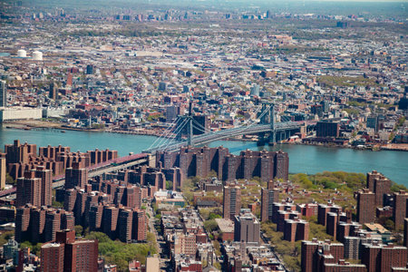 Aerial view of the Williamsburg Bridge and the Lower East Side along the East Riverの写真素材