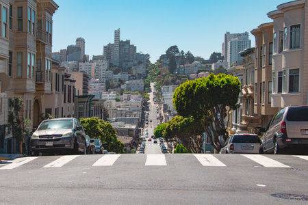 View along a crosswalk at Lombard Street in San Francisco California USAの写真素材