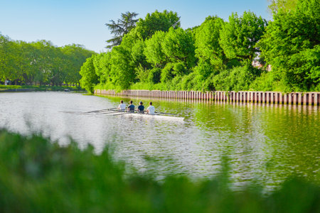 Rowing Boat Racing on a Water Riverの写真素材