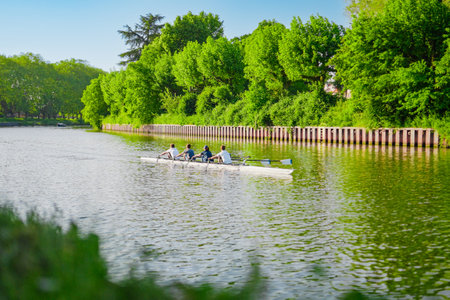 Rowers Rowing a Skiff on a Water Riverの写真素材