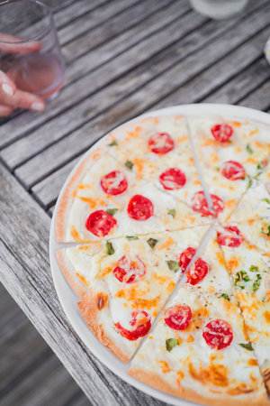 Fresh French Tarte FlambÃ©e with CrÃ©me Fraiche and Tomatoesの写真素材