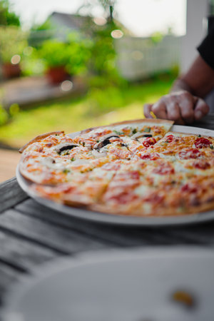 Fresh French Tarte Flambee with CrÃ©me Fraiche with Mushroomsの写真素材