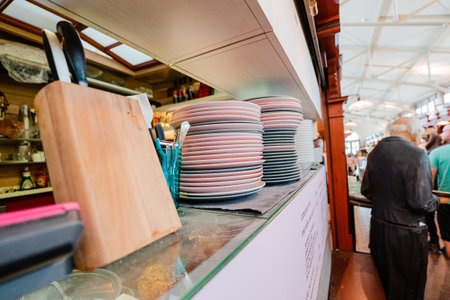 Stack of Plates in a Restaurant Kitchenの写真素材