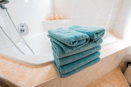 Turkey Stack of Towels Sitting on a Big Bathtubの写真素材