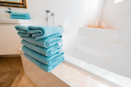 Big Bathtub with a Stack of Turkey Towelsの写真素材