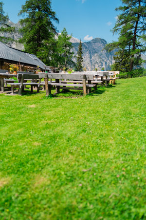 Wooden Resting Bench and Table on a Green Lawn in a Mountain Landscapeの写真素材