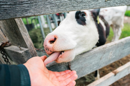 Black and White Cow Calf Face Reaching Out the Fencing Licking a Handの写真素材