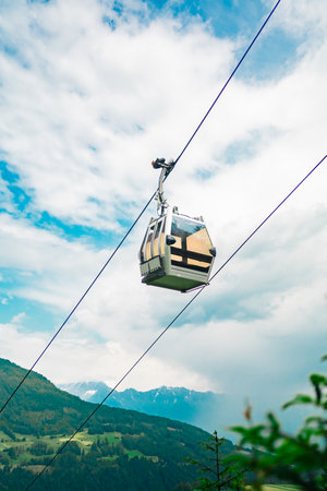 Cabin of a Cable Car Descending Down the Mountainの写真素材