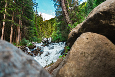 Raging Water in the Black Forest Cutting Through Trees and Stones Bursting Down the River Bed Through Rocksの写真素材