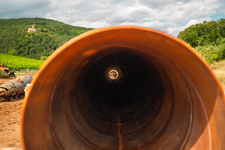 Inside of a Long Metal Pipe Material of an Underground Construction Siteの写真素材