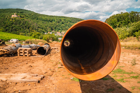 Inside of a Metal Pipe Material of an Underground Construction Siteの写真素材