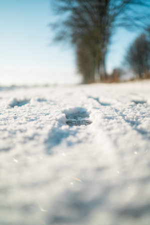 Close Up Ground Level View of a Snow Cover imprinted with a Footprint in the Sunlight of a Winter Dayの写真素材