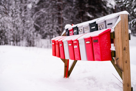 Row of Nordic Mailboxes in the Forest Covered with Snow