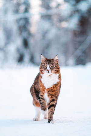 Beautiful Cat with Brown and Black Striped Fur Standing Isolated in the Snow During Winterの写真素材