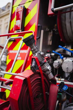 High-Pressure Water Pistol with Nozzel and Lever at the End of a Rolled Up Water Hose on a Firetruck Ready for Deyploymentの写真素材