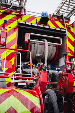 Rolled Up Water Hoses on the Back of a Fire Truck for High-Pressure Extinguishing Work and...
