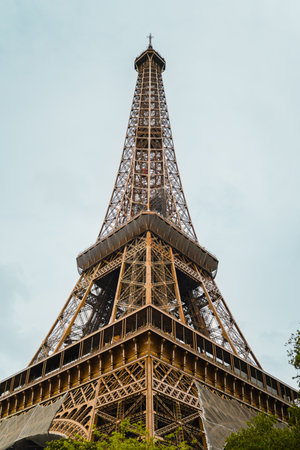 Monumental View of the Eiffel Tower Antenna in Paris France Viewed from the Bottom Up in Diagonal Positionの写真素材