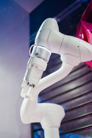 White Clean 3 Axis Robotic Arm with Lights and Plain Shell Ready to Produceの写真素材