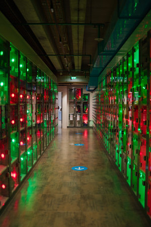 Dark Hallway with Colorful Locker Boxes