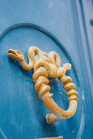 Elegant Golden Door Knob with Classical Snake Decoration on a Blue Empire Door