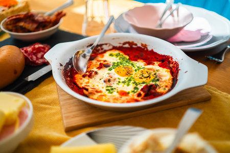 Appetizing shakshuka with perfectly poached eggs in a rich tomato sauce, garnished with herbs, on a breakfast table setting. Ideal for a hearty morning meal or brunch.の写真素材