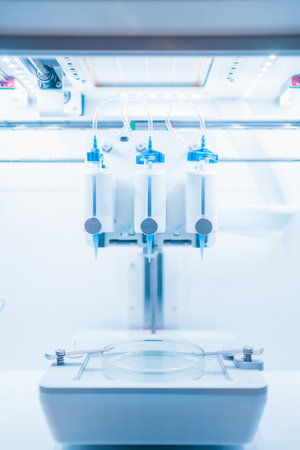 High-tech laboratory equipment shows automated pipettes and a petri dish in a sterile setting, perfect for medical research, specimen handling, and scientific trials.の写真素材
