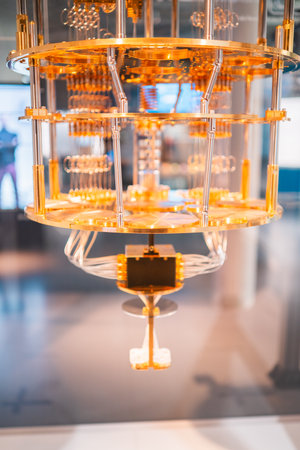An intricate quantum computer highlighting the complexity and cutting-edge technology in modern computing. Captures the sophistication of advanced engineering and scientific research.の写真素材